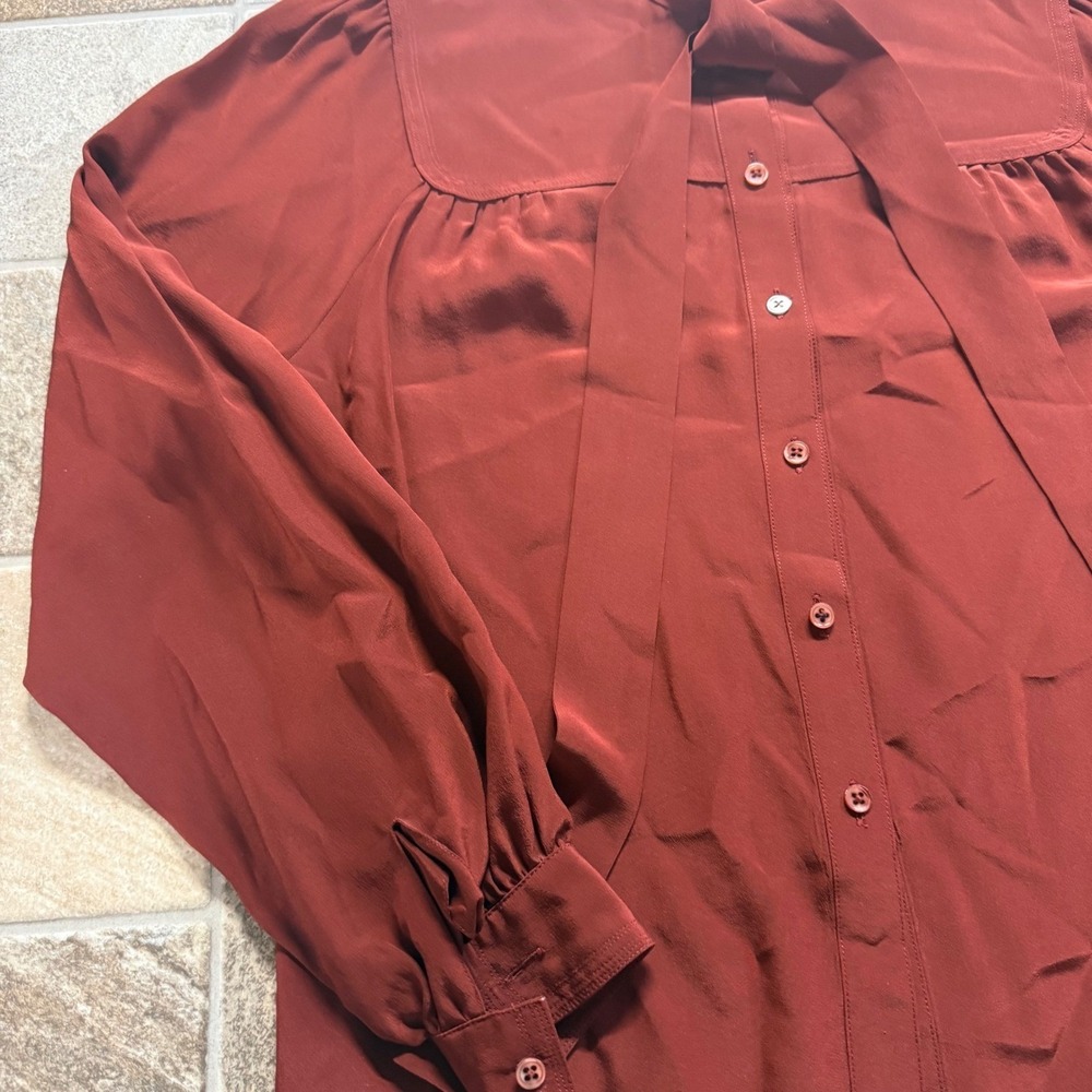 Nob Hill Shop Silk Blouse Rust Red Bow Long Sleeve‎ Square Neck Size 4